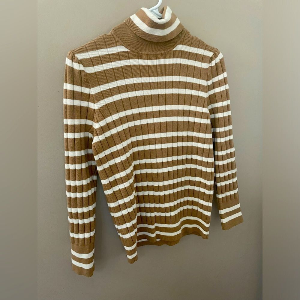 Talbots Taupe and white stripped turtleneck sweater Large Petite VGUC